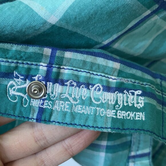 Y2K Rock 47 by Wrangler Pearl Snap Shirt Womens M Blue Plaid 2000s Western - Picture 4 of 7